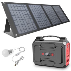 apowking 100w portable power bank with ac outlet with 40w foldable solar panel, portable laptop charger for camping, home emergency, traveling, rv trip