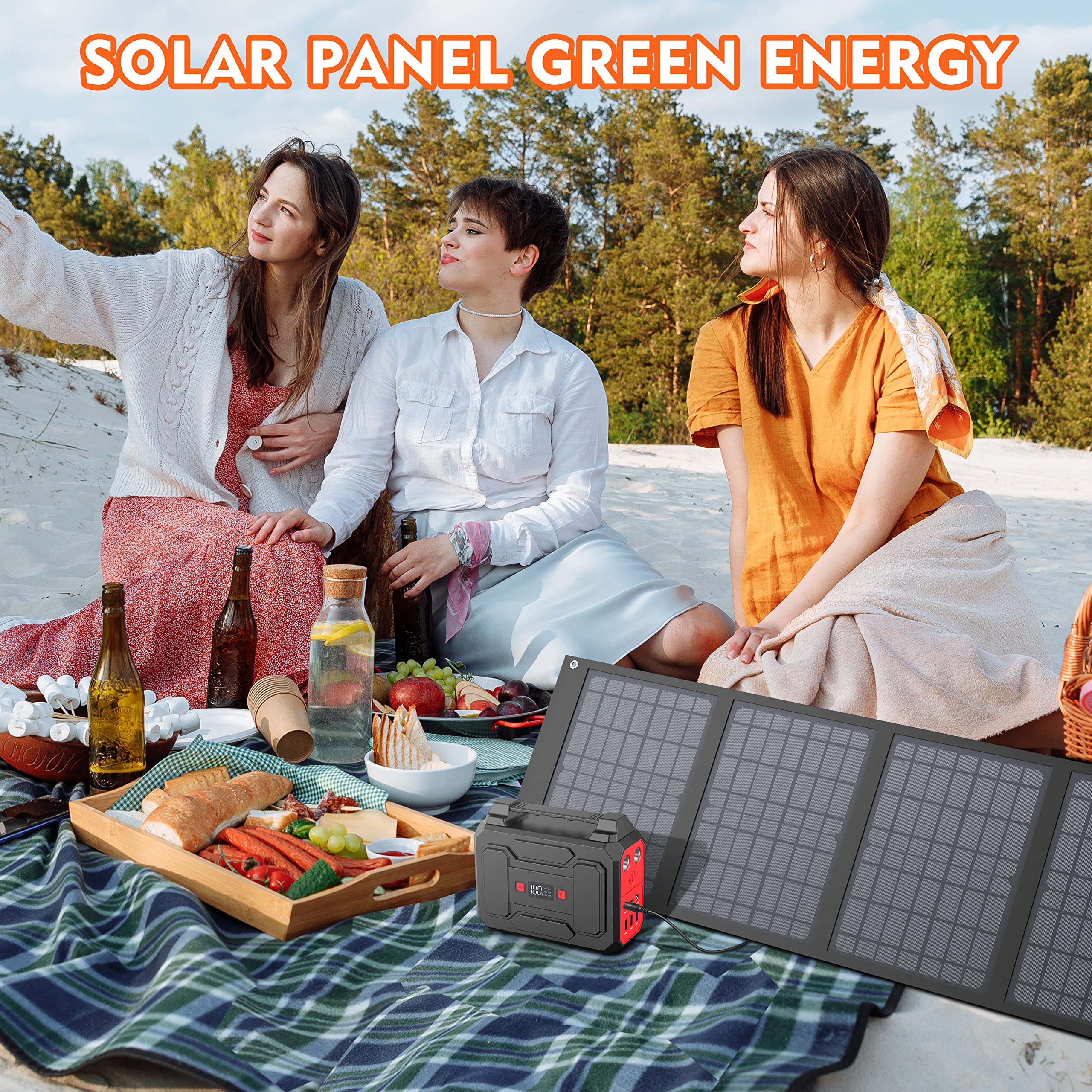 Apowking 100W Portable Power Bank with AC Outlet with 40W Foldable Solar Panel, Portable Laptop Charger for Camping, Home Emergency, Traveling, RV Trip