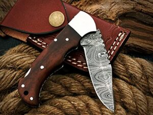 jnr traders damascus pocket knife with sheath, folding knife, handmade small folding pocket knife with sheath, wood handle 2397