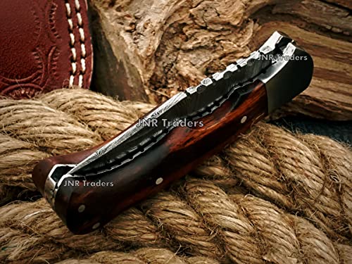 JNR TRADERS Damascus Pocket Knife with Sheath, Folding Knife, Handmade Small Folding Pocket Knife with Sheath, Wood Handle 2397