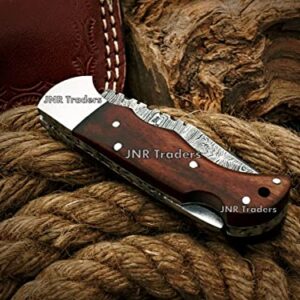 JNR TRADERS Damascus Pocket Knife with Sheath, Folding Knife, Handmade Small Folding Pocket Knife with Sheath, Wood Handle 2397