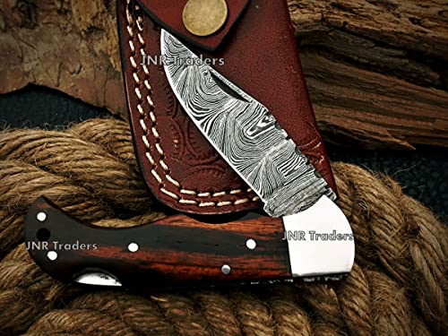 JNR TRADERS Damascus Pocket Knife with Sheath, Folding Knife, Handmade Small Folding Pocket Knife with Sheath, Wood Handle 2397