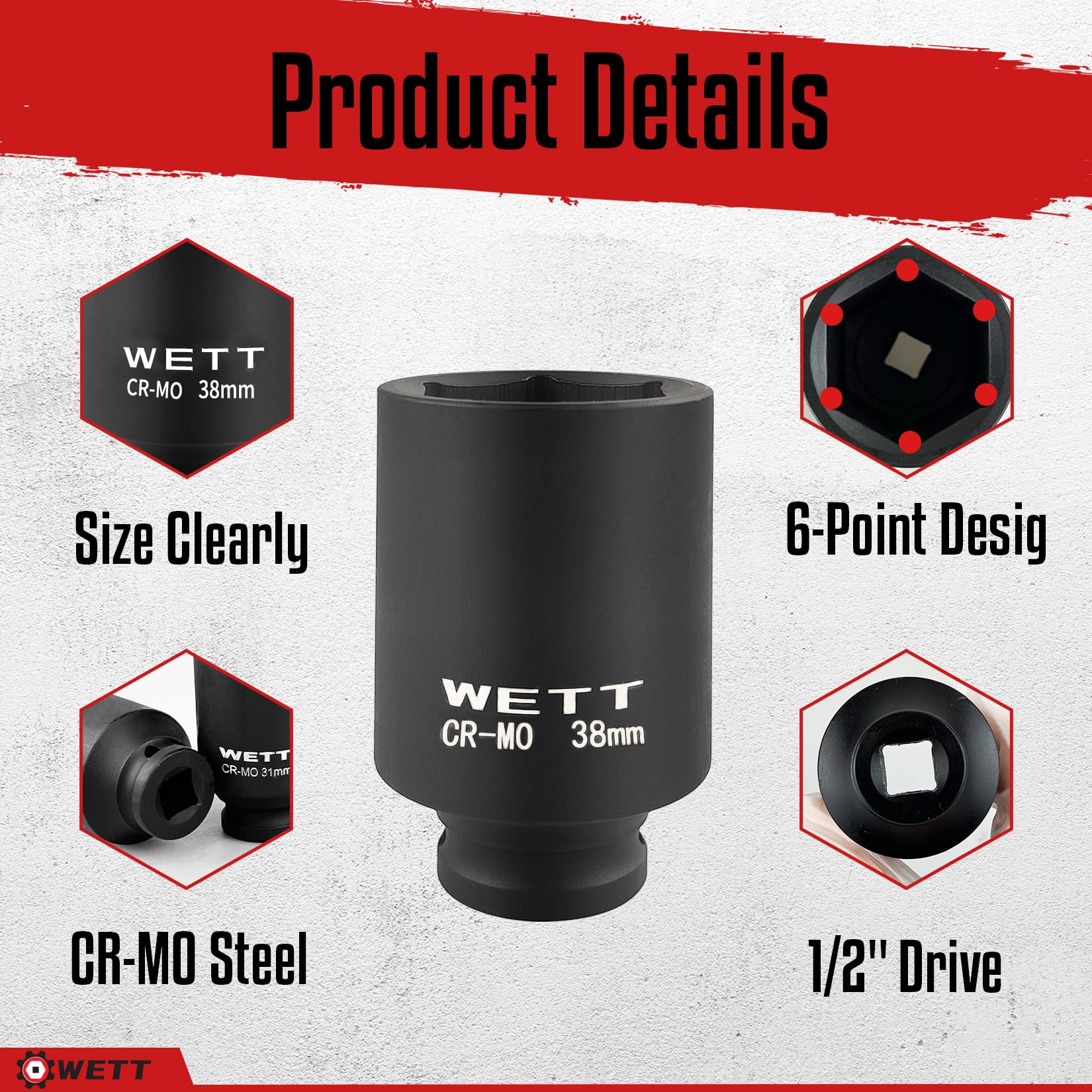 WETT 1/2" Drive Deep Impact Socket Set, 9-Piece Spindle Axle Nut Metric 6 Point Sockets Set, CR-MO, 29mm-38mm