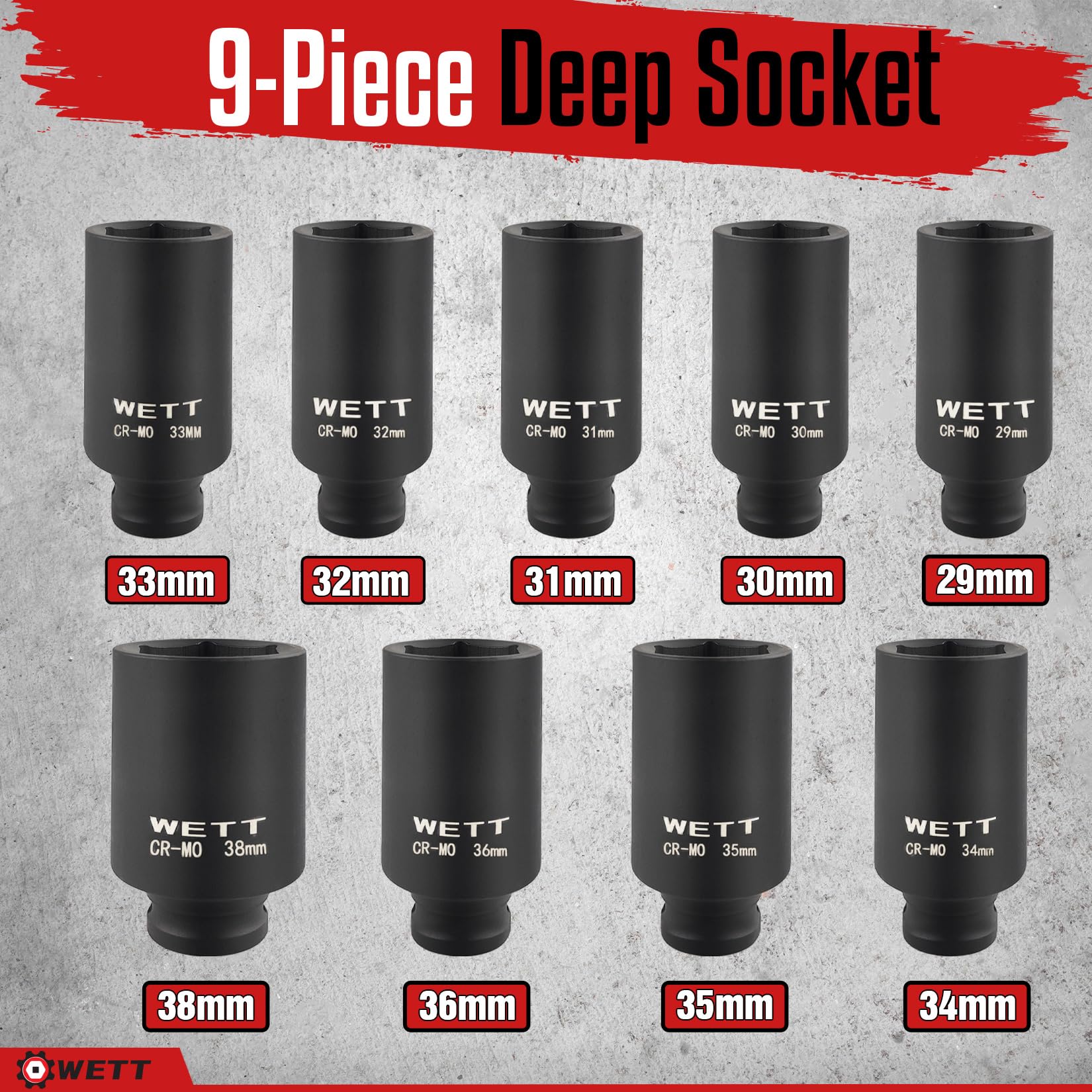 WETT 1/2" Drive Deep Impact Socket Set, 9-Piece Spindle Axle Nut Metric 6 Point Sockets Set, CR-MO, 29mm-38mm