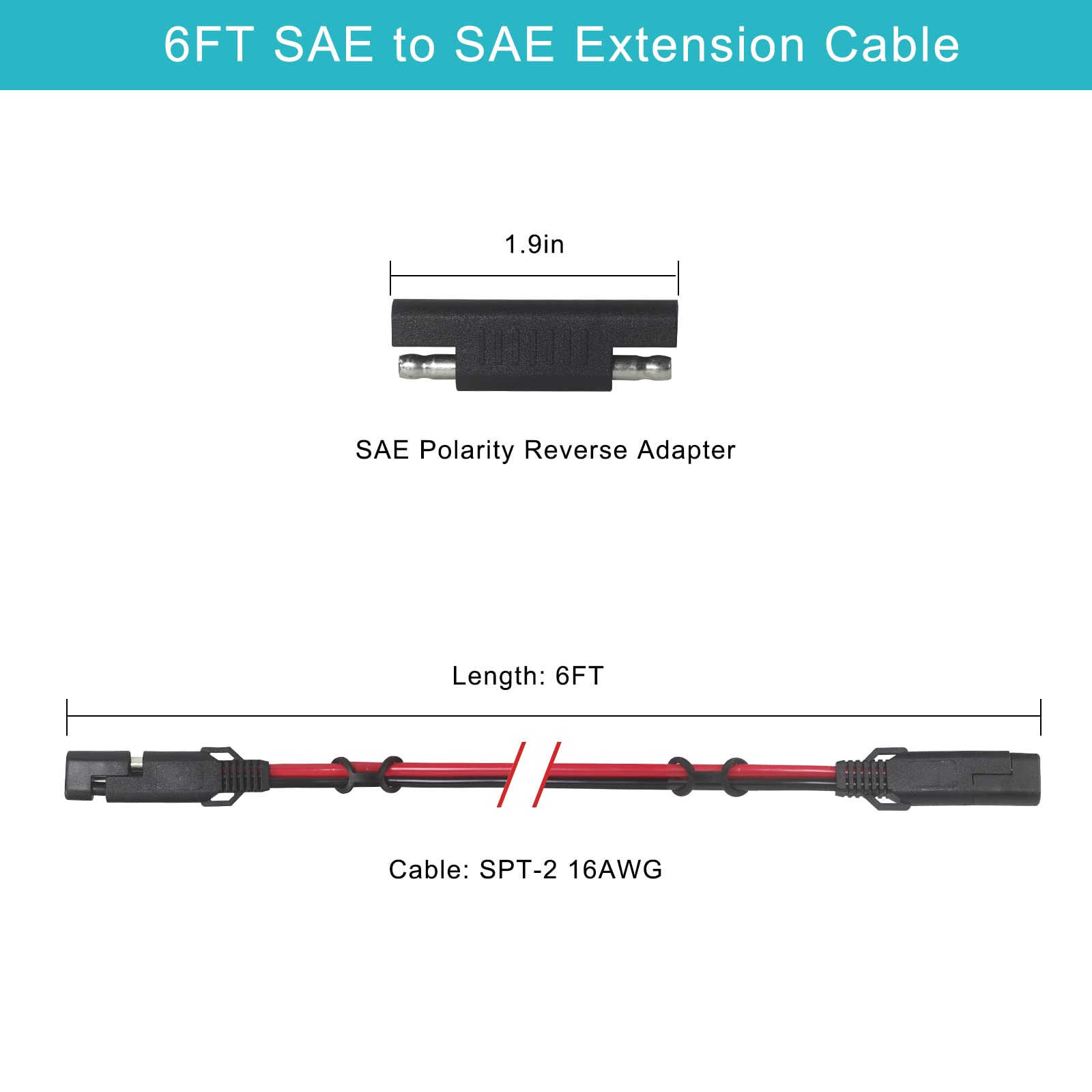 SAE to SAE Extension Cable 16AWG - SAE Cable 6FT Battery Charger Extension Cord Heavy Duty 16AWG Quick Disconnect SAE 2Pin Connector with SAE Polarity Reverse Adapter for Solar Panel Trickle Charger