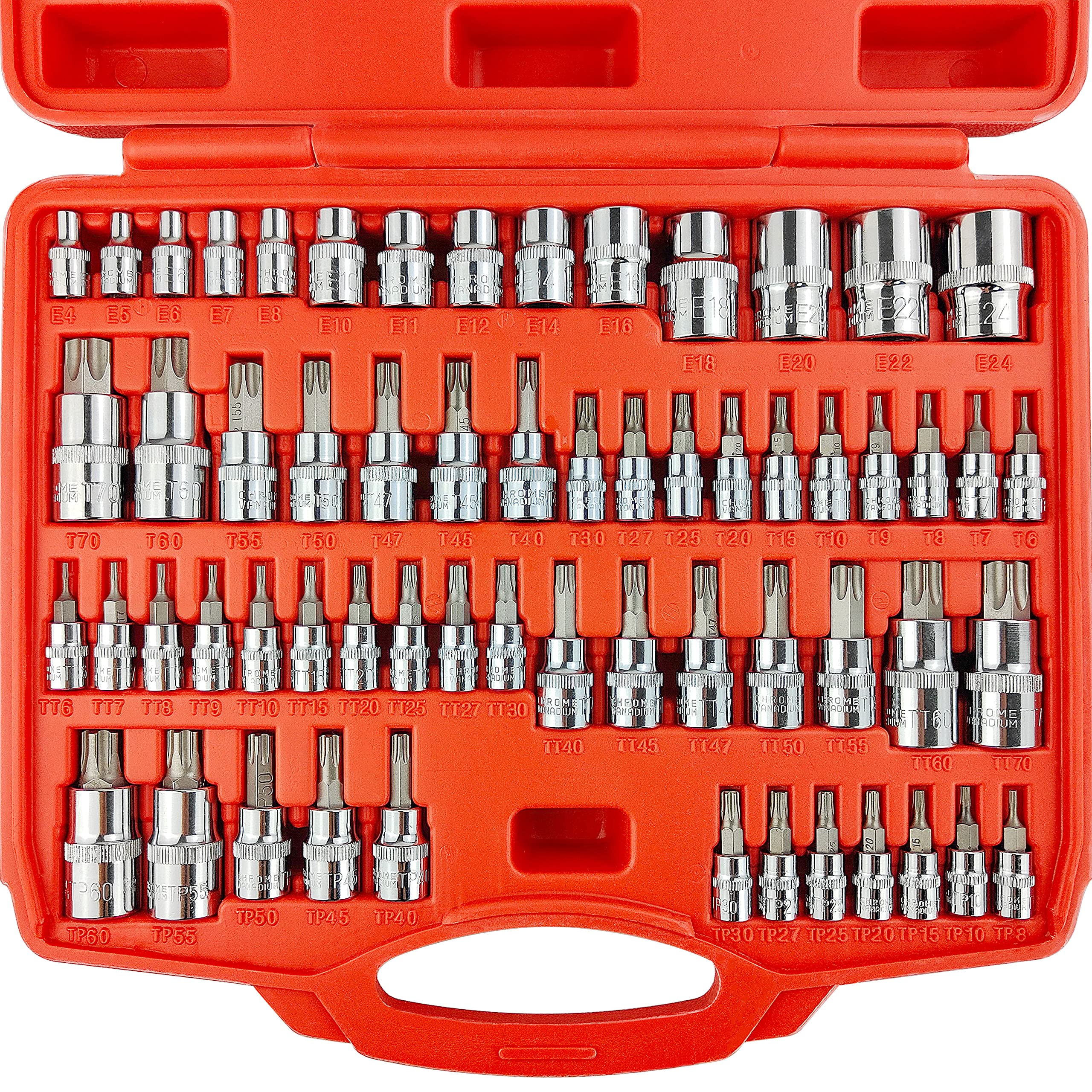 WETT Master Torx Bit Socket and External Torx Socket Set, 60-Piece 1/4", 3/8", 1/2" Drive E-Torx Sockets (E4-E24, T6-T70, TT6-TT70, TP8-TP60), S2 and CR-V Steel