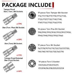 WETT Master Torx Bit Socket and External Torx Socket Set, 60-Piece 1/4", 3/8", 1/2" Drive E-Torx Sockets (E4-E24, T6-T70, TT6-TT70, TP8-TP60), S2 and CR-V Steel