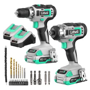litheli 20v cordless drill combo kit, 220 in-lbs drill driver and 1150 in-lbs impact driver with 2 x 2.0 ah batteries and 2 x 1h fast chargers, pack of 2
