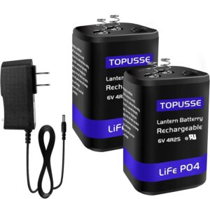 topusse rechargeable 6 volt 4.5ah lifepo4 lantern battery with charger 1500+ cycles, 6v batteries battery with bms (spring terminals) 2 pack