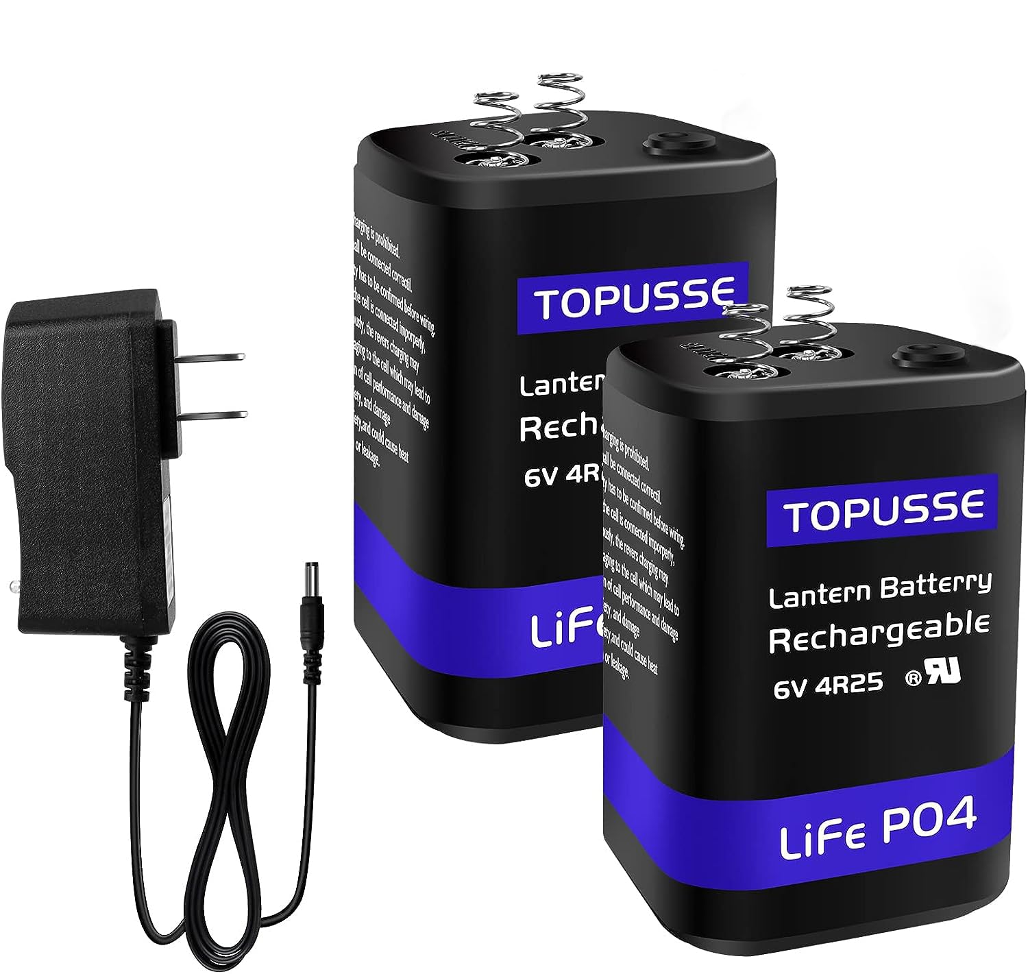 TOPUSSE Rechargeable 6 Volt 4.5AH LiFePO4 Lantern Battery with Charger 1500+ Cycles, 6V Batteries Battery with BMS (Spring Terminals) 2 Pack