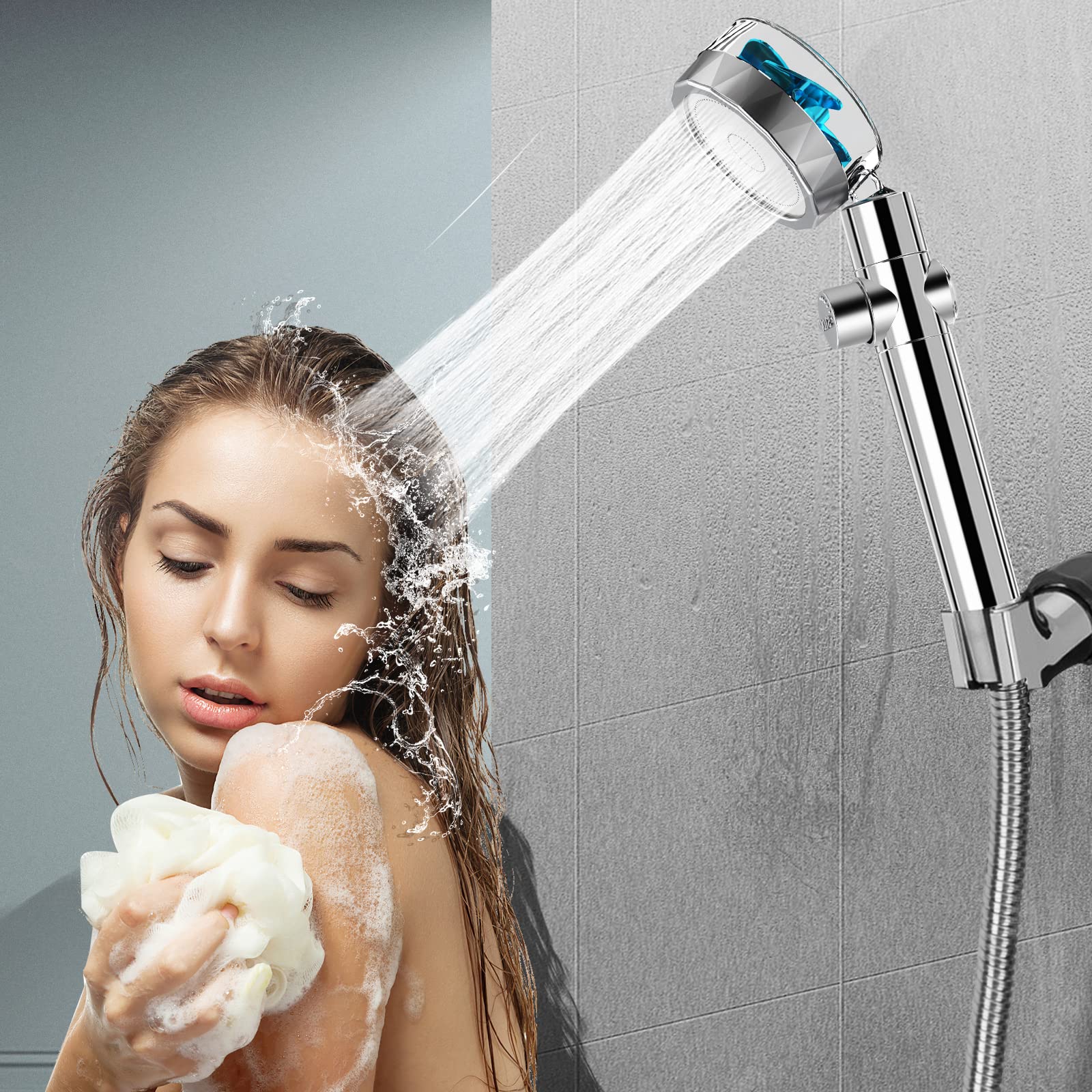 Handheld Shower Head, Kiyaosoka High Pressure Shower Heads Turbo Fan 360 Degrees Rotating, Hydro Jet Shower Head with 3 Filters Turbocharged Showerhead (Blue)