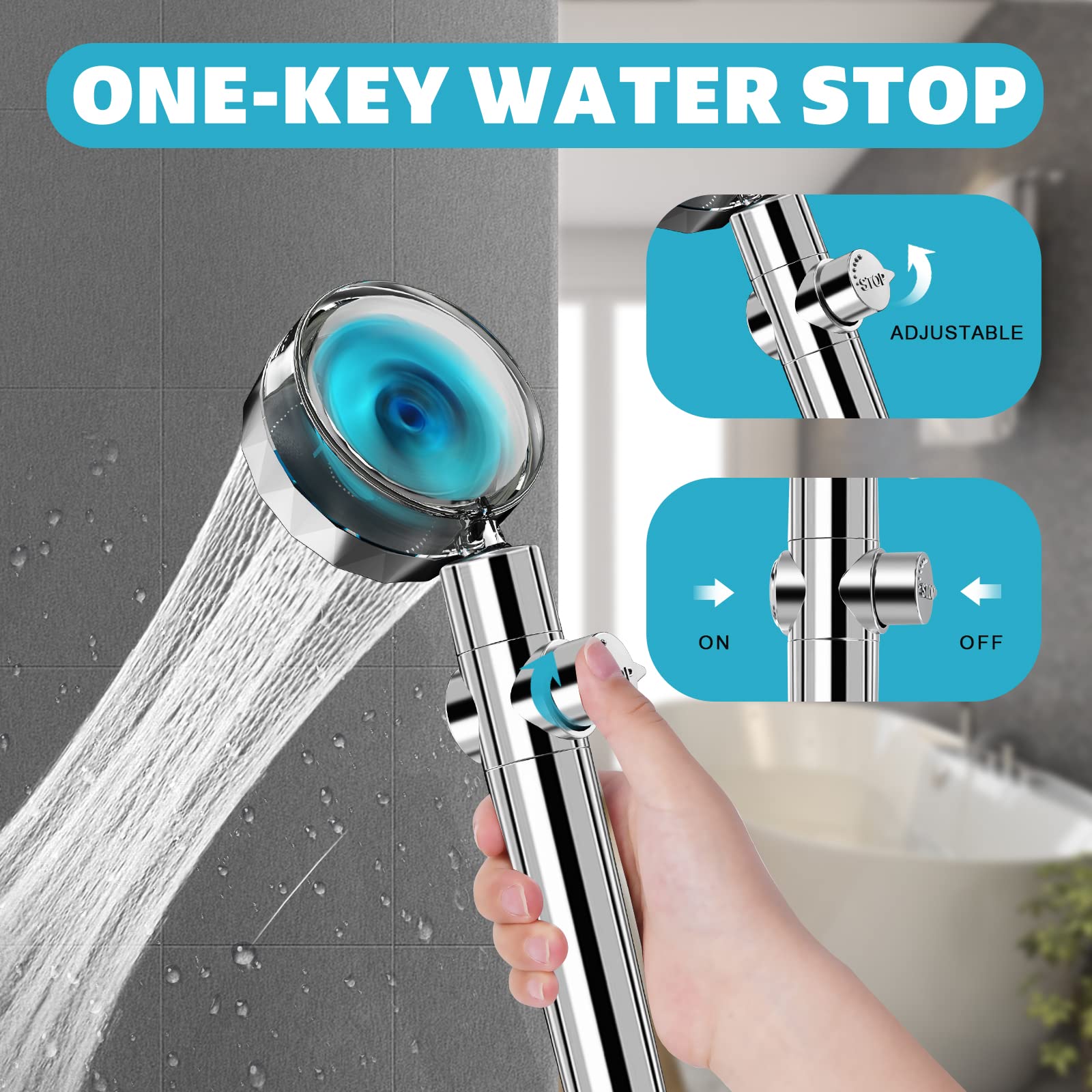 Handheld Shower Head, Kiyaosoka High Pressure Shower Heads Turbo Fan 360 Degrees Rotating, Hydro Jet Shower Head with 3 Filters Turbocharged Showerhead (Blue)