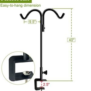 Koutemie 40 Inch Tall Double Deck Hook for Railing, Adjustable Outdoor Shepherds Hook with 2-Inch Strengthened Clamp for Hanging Plant Bird Feeder, 1 Pack