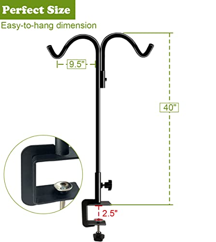 Koutemie 40 Inch Tall Double Deck Hook for Railing, Adjustable Outdoor Shepherds Hook with 2-Inch Strengthened Clamp for Hanging Plant Bird Feeder, 1 Pack