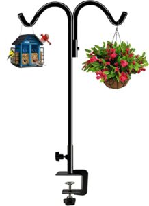 koutemie 40 inch tall double deck hook for railing, adjustable outdoor shepherds hook with 2-inch strengthened clamp for hanging plant bird feeder, 1 pack