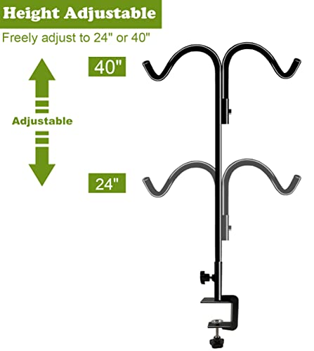 Koutemie 40 Inch Tall Double Deck Hook for Railing, Adjustable Outdoor Shepherds Hook with 2-Inch Strengthened Clamp for Hanging Plant Bird Feeder, 1 Pack