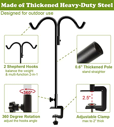 Koutemie 40 Inch Tall Double Deck Hook for Railing, Adjustable Outdoor Shepherds Hook with 2-Inch Strengthened Clamp for Hanging Plant Bird Feeder, 1 Pack