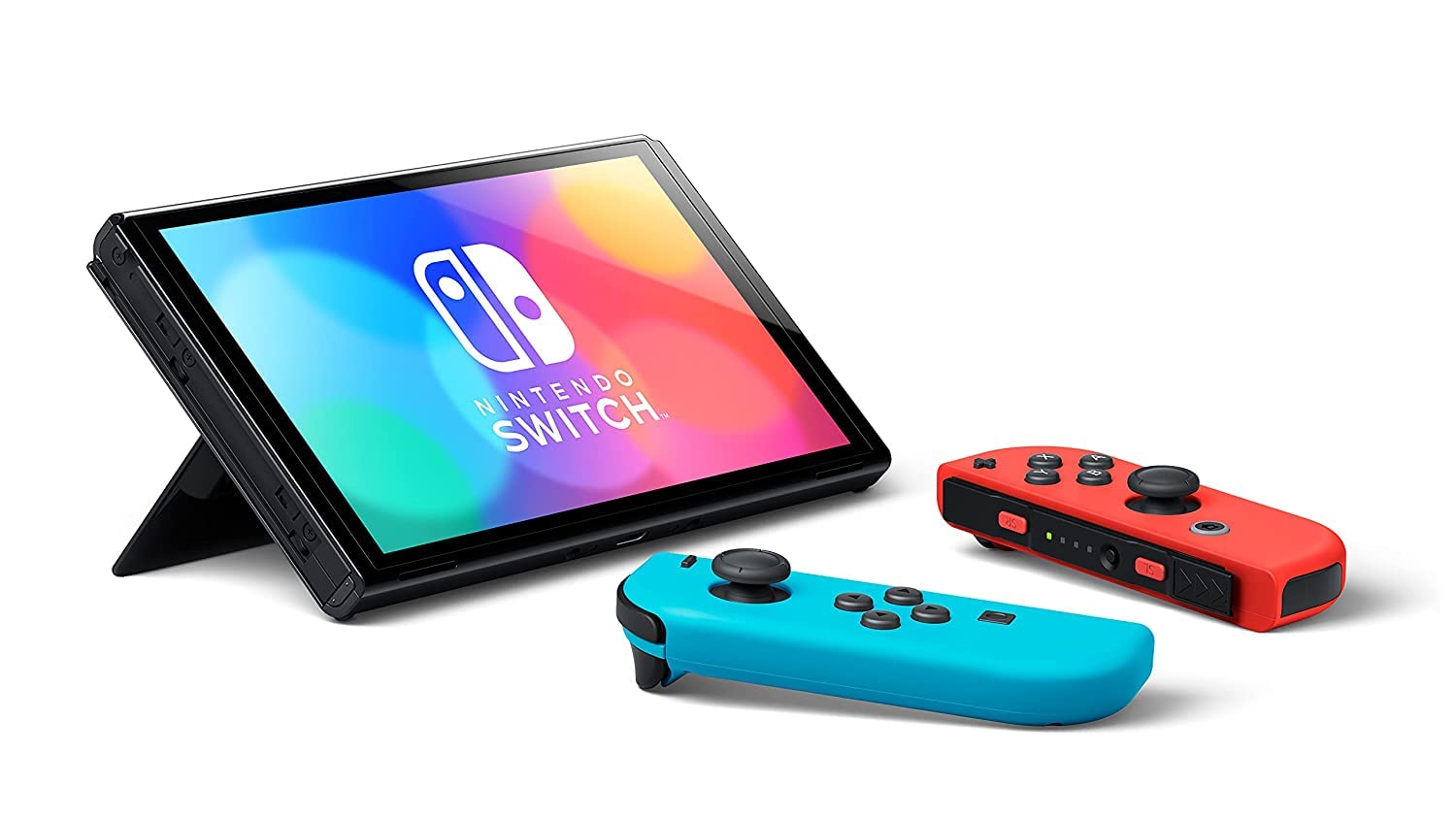 2022 Latest Model Switch OLED Display with Neon Blue Controllers and Dock - 7" 1280 x 720 OLED Touchscreen Display, 64GB Internal Storage,Bluetooth 4.1, 802.11AC WiFi, Ethernet, Type-C Port