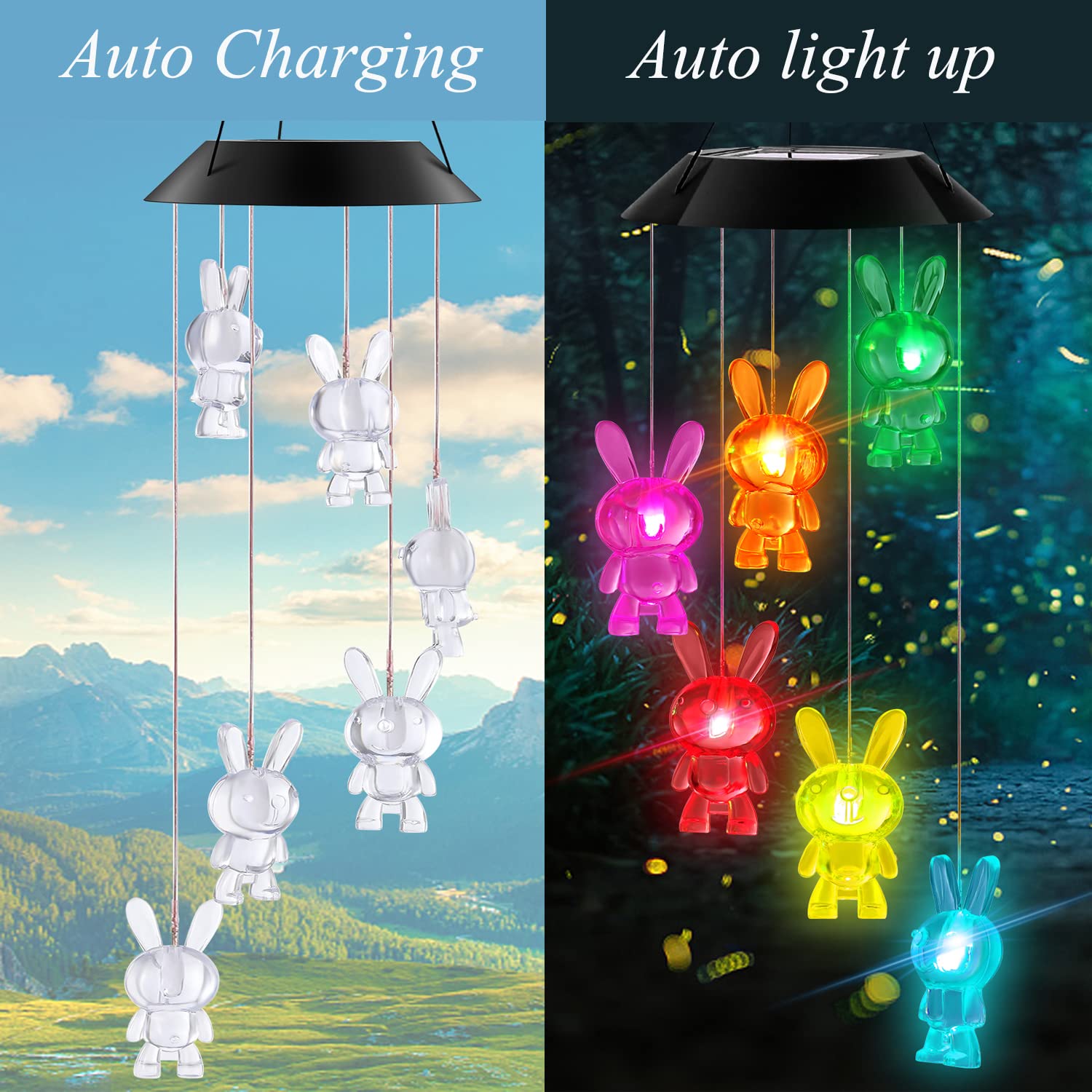 Wind Chime,Solar Lights Chimes, Rabbit Wind Chimes led/Solar 2022 Newest Wind Chime Outdoor Decor,Yard Decorations Solar Light Mobile,Memorial Wind Chimes,Birthday Gifts for mom