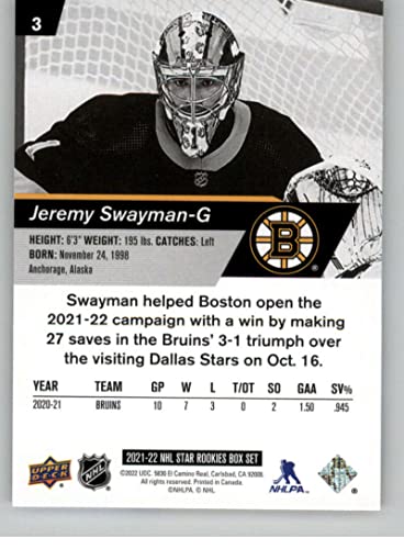 2021-22 Upper Deck NHL Star Rookies Box Set #3 Jeremy Swayman Boston Bruins Official NHL Hockey Card in Raw (NM or Better) condition