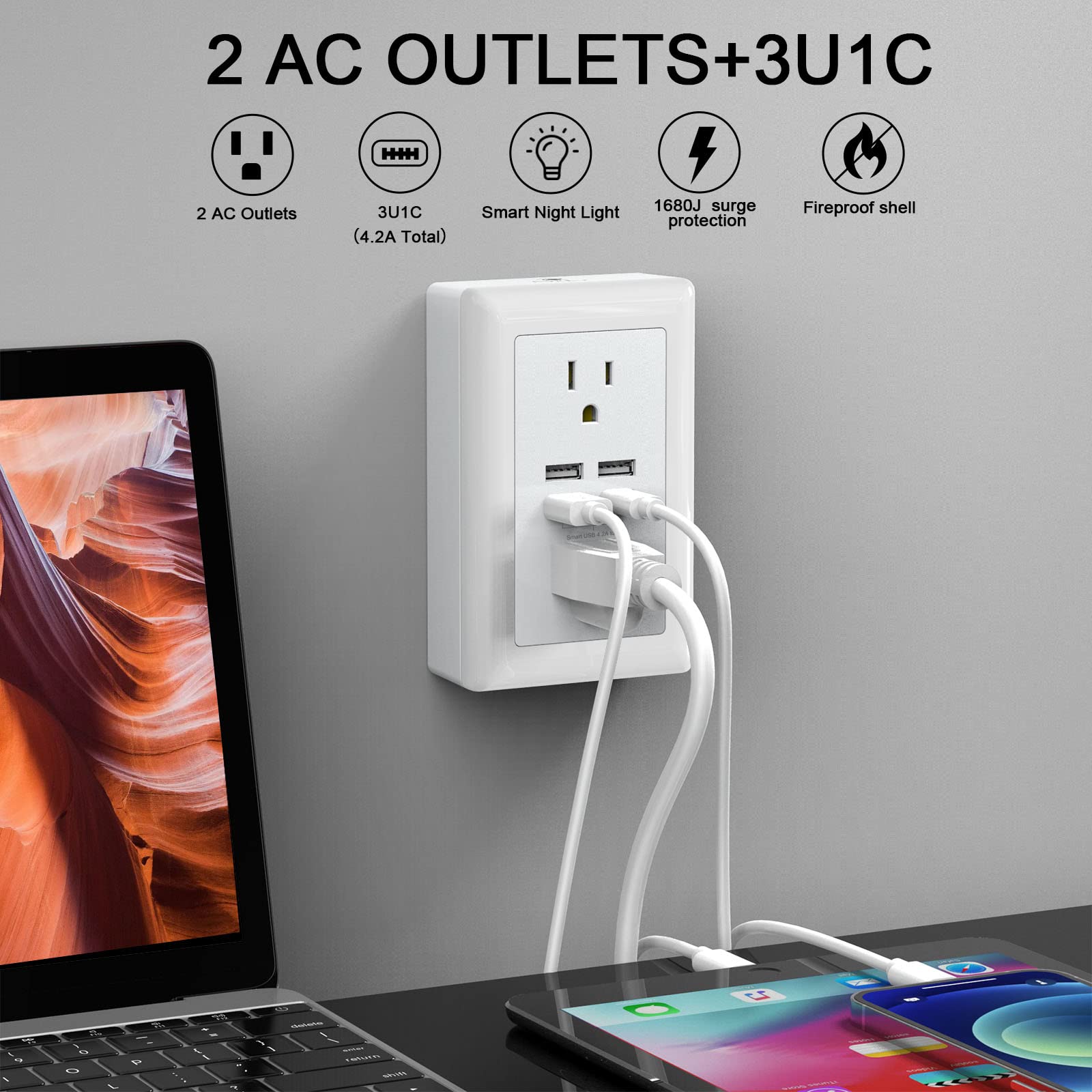 USB Wall Charger, Surge Protector,Nustsa Outlet Extender with Night Light, 4 USB Charger Ports(4.2A Total) 1680J Power Strip, Wall Adapter Spaced for Home Travel Office (3U1C)