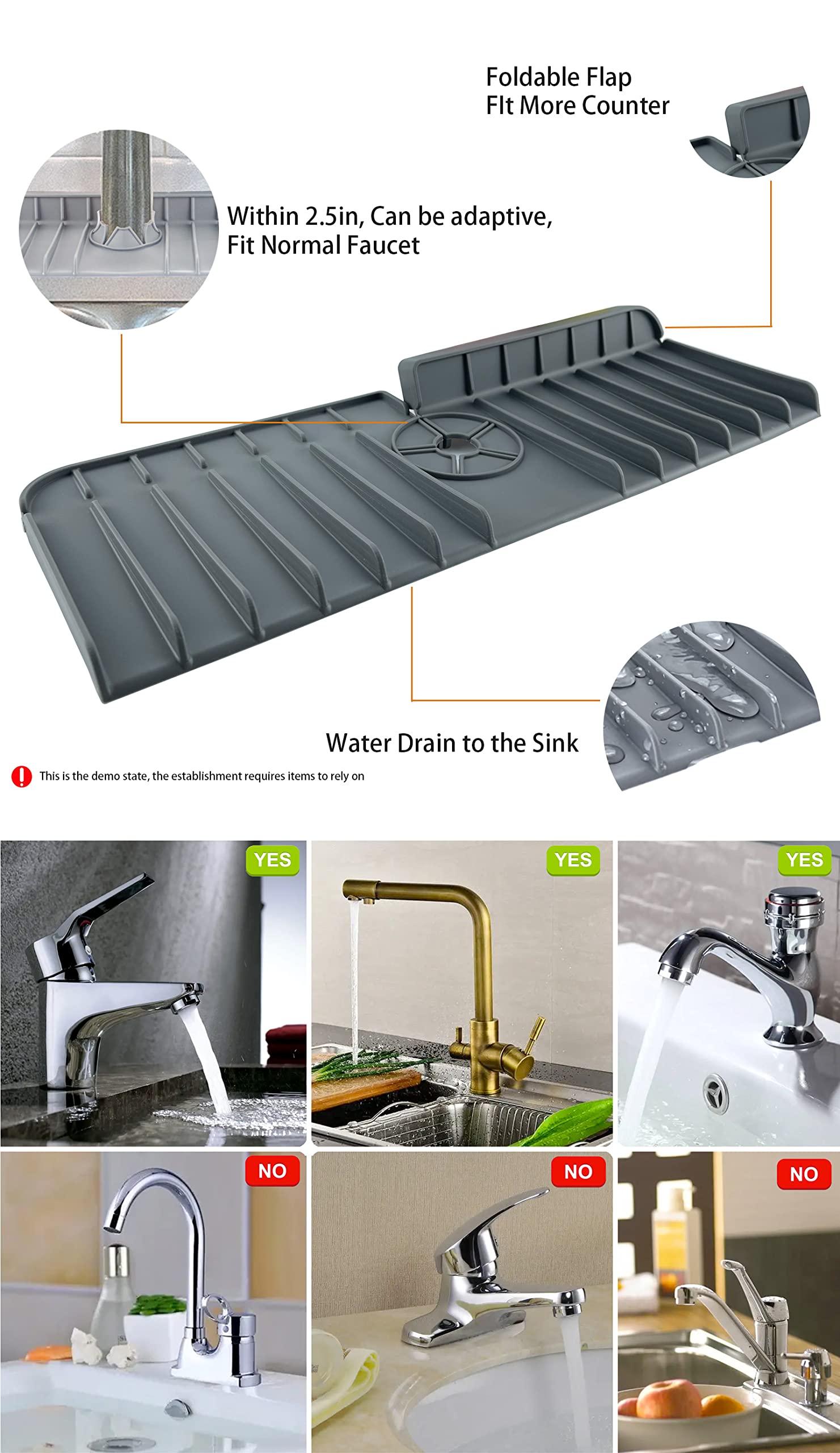 Encoli Silicone Faucet Splash Guard Mat Drip Catcher -Slanted Floor AUTO Drain Water, Sink Draining Pad Behind Faucet, Backsplash Guard, for Kitchen Bathroom Bar Countertop (Grey)