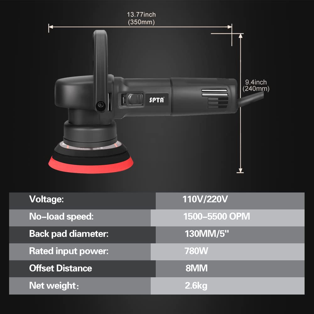 SPTA Buffer Polisher, 780W 5Inch & 6Inch Dual Action Random Orbital Car Polisher, 41Pc Car Detailing Kit with Polishing Pads, Sanding Papers, Wool Pads, Tool Bag for Car Polishing and Waxing -DA501-US