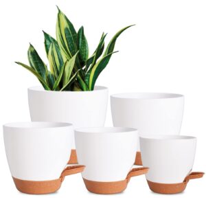 vanslogreen plant pots for indoor plants 5 pack self watering planters, 7/6.5/6/5.5/5 inch self watering pots with drainage hole plastic flower pot for herbs, succulents, african violet (white)