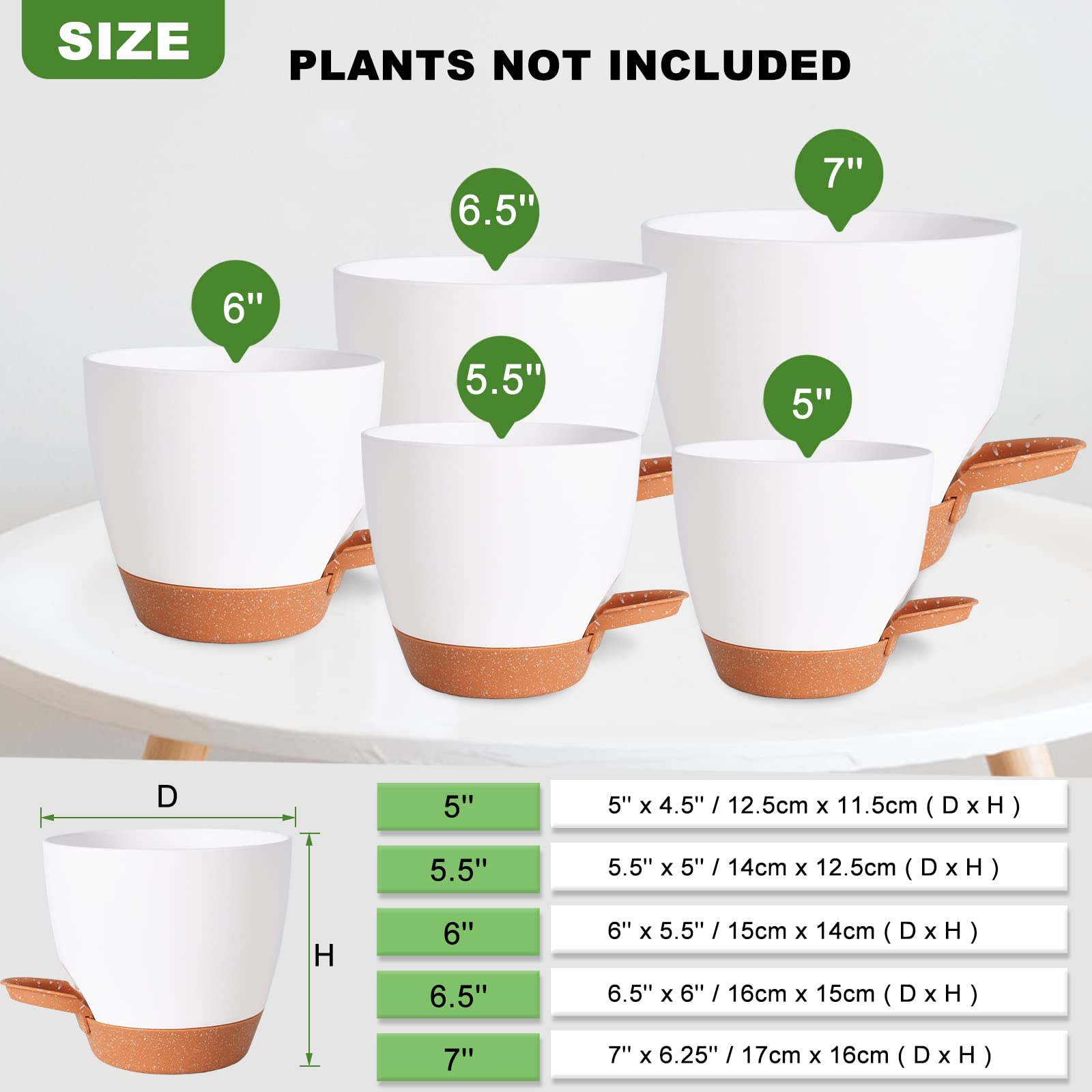 Vanslogreen Plant Pots for Indoor Plants 5 Pack Self Watering Planters, 7/6.5/6/5.5/5 Inch Self Watering Pots with Drainage Hole Plastic Flower Pot for Herbs, Succulents, African Violet (White)
