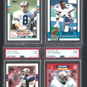 EMMITT SMITH TROY AIKMAN MICHAEL IRVIN & DEION SANDERS 4 CARD ROOKIE LOT TOPPS TRADED & PRO SET GRADED PSA MINT 9 COWBOYS SUPER BOWL.CHAMPS HOF PLAYERS