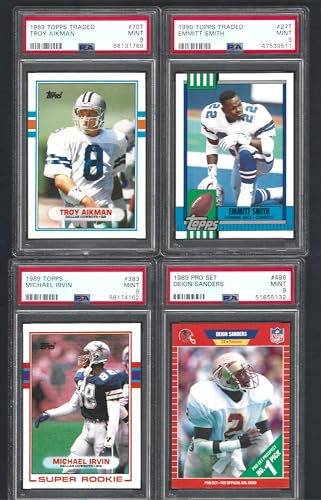 EMMITT SMITH TROY AIKMAN MICHAEL IRVIN & DEION SANDERS 4 CARD ROOKIE LOT TOPPS TRADED & PRO SET GRADED PSA MINT 9 COWBOYS SUPER BOWL.CHAMPS HOF PLAYERS