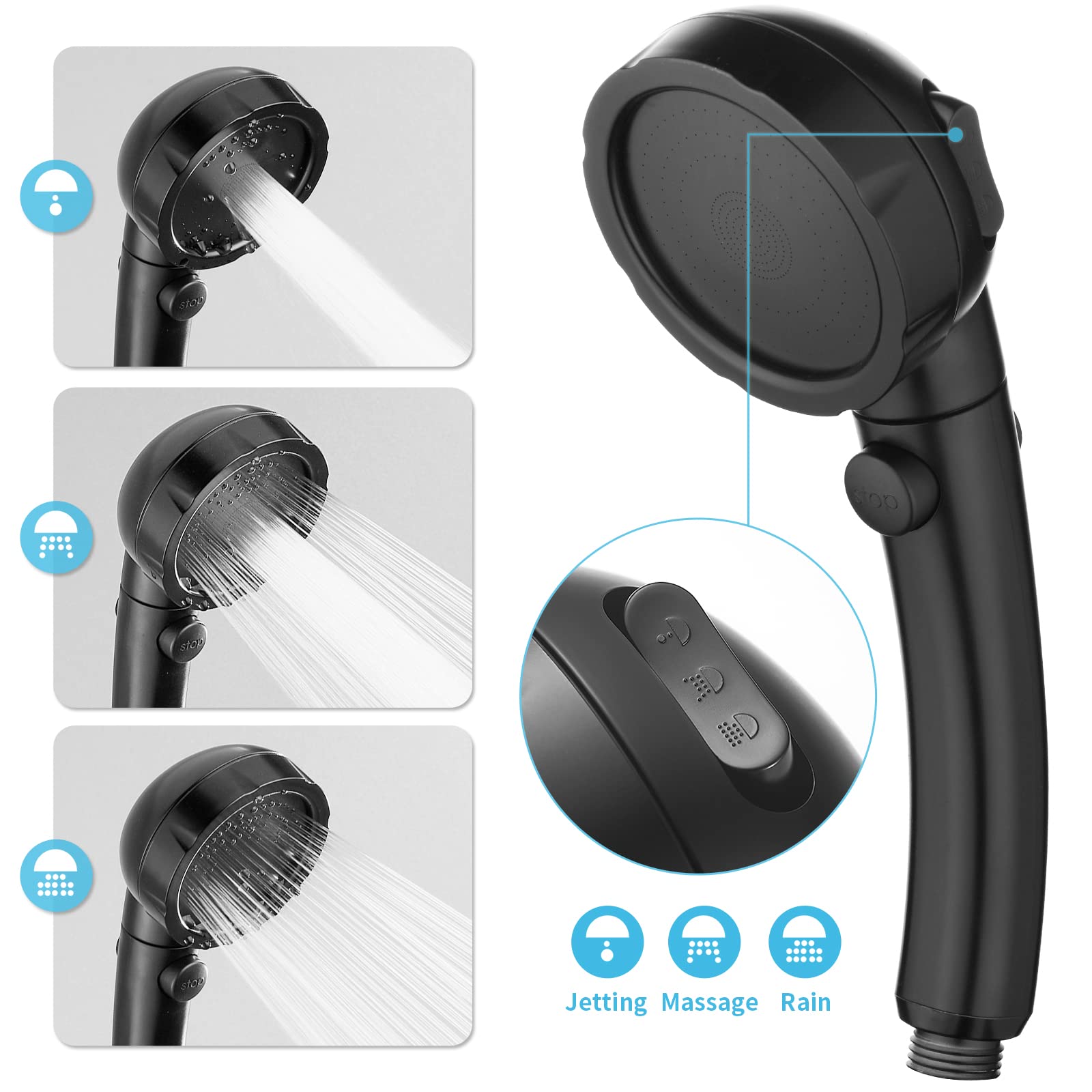 EAARSUO High Pressure Handheld Shower Head, RV Handheld Shower Head with Hose and On Off Switch, Detachable Shower Head with Adjustable Holder (Black)