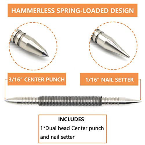 WHLLING 1/16″Dual Head Nail Setter and 3/16″Center Punch, 3500 PSI Striking Force Counter Punch Spring Nail Set