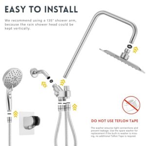 Ryamen Dual Shower Head Combo, 8'' High Pressure Rain/Rainfall Shower Head,5 Settings Adjustable Handheld Showers,with 15" Height Adjustable Slide Bar,Holder/Hose, Angle Adjustable, Chrome