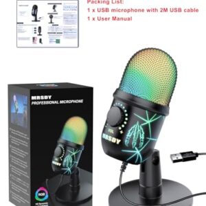 MRSDY USB Microphone, Plug and Play Gaming Mic for PC, Mac, PS4/5, Podcast Microphone with RGB, Mute, Monitor, Noise Reduction, Volume Gain, Great for Recording, Streaming