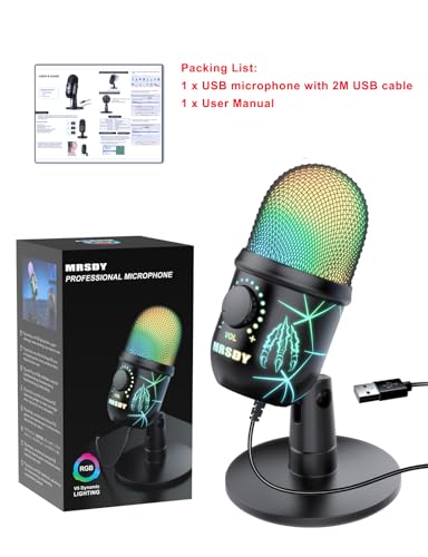 MRSDY USB Microphone, Plug and Play Gaming Mic for PC, Mac, PS4/5, Podcast Microphone with RGB, Mute, Monitor, Noise Reduction, Volume Gain, Great for Recording, Streaming