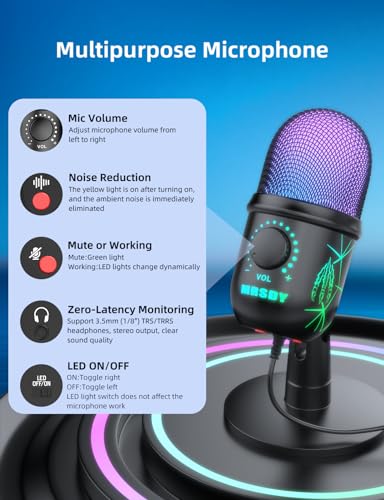 MRSDY USB Microphone, Plug and Play Gaming Mic for PC, Mac, PS4/5, Podcast Microphone with RGB, Mute, Monitor, Noise Reduction, Volume Gain, Great for Recording, Streaming