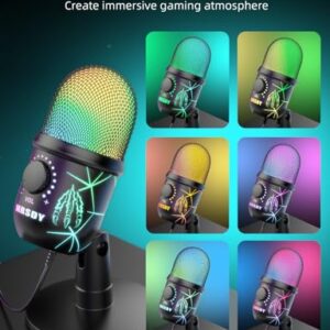 MRSDY USB Microphone, Plug and Play Gaming Mic for PC, Mac, PS4/5, Podcast Microphone with RGB, Mute, Monitor, Noise Reduction, Volume Gain, Great for Recording, Streaming