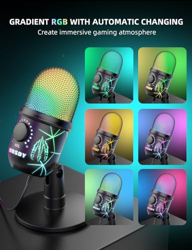 MRSDY USB Microphone, Plug and Play Gaming Mic for PC, Mac, PS4/5, Podcast Microphone with RGB, Mute, Monitor, Noise Reduction, Volume Gain, Great for Recording, Streaming