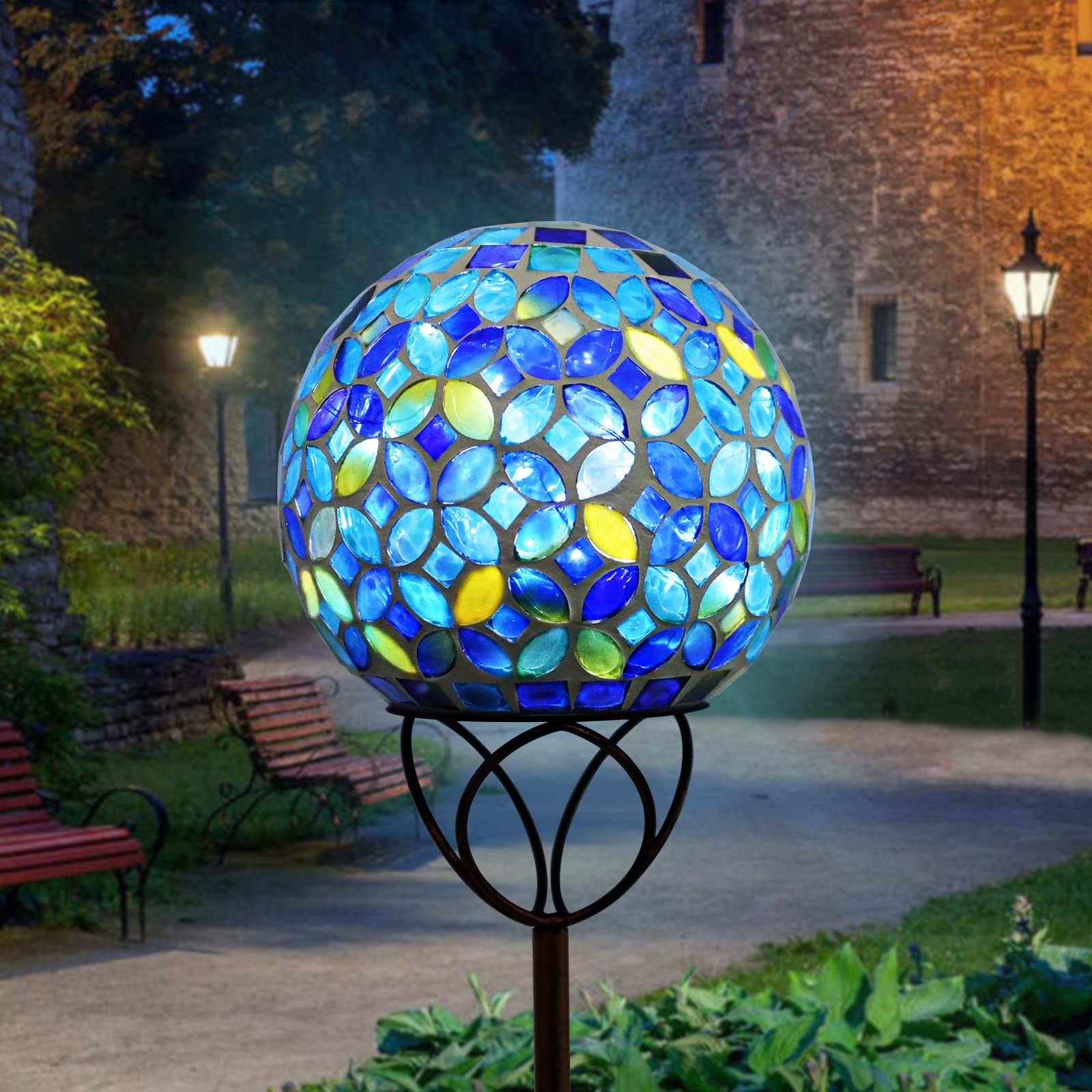 VCUTEKA Solar Outdoor Lights Garden Decor Mosaic Solar Garden Lights Waterproof Glass Ball LED Pathway Stake Light for Landscape Lawn Patio Yard Decoration 6 inch, Blue