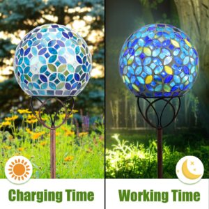 VCUTEKA Solar Outdoor Lights Garden Decor Mosaic Solar Garden Lights Waterproof Glass Ball LED Pathway Stake Light for Landscape Lawn Patio Yard Decoration 6 inch, Blue