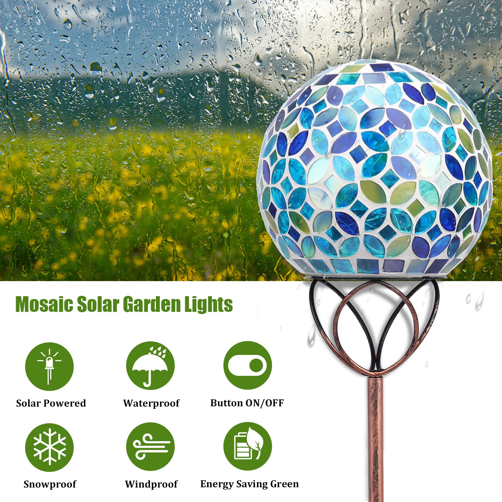 VCUTEKA Solar Outdoor Lights Garden Decor Mosaic Solar Garden Lights Waterproof Glass Ball LED Pathway Stake Light for Landscape Lawn Patio Yard Decoration 6 inch, Blue