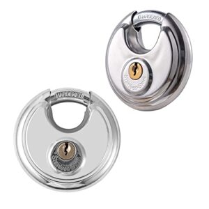honesaloc disc padlock outdoor, 2 pack heavy duty stainless steel discus padlock, waterproof combo gate lock with key for storage locker, garages warehouse, sheds and fence