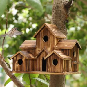 wooden bird houses for outside hanging clearance,6 hole handmade natural bird house for backyard/courtyard/patio decor,large