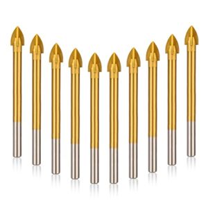 10-piece masonry drill bits kit, titanium coated glass carbide drill bits set for concrete, stone, cutting edges cross spear head drill for glass, brick, tile, plastic, ceramic and wood