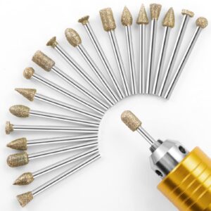 diamond grinding burr bit set，20pcs rotary tool accessories stone carving set with 1/8 inch shank for stone ceramic glass carving, grinding, polishing, engraving, sanding