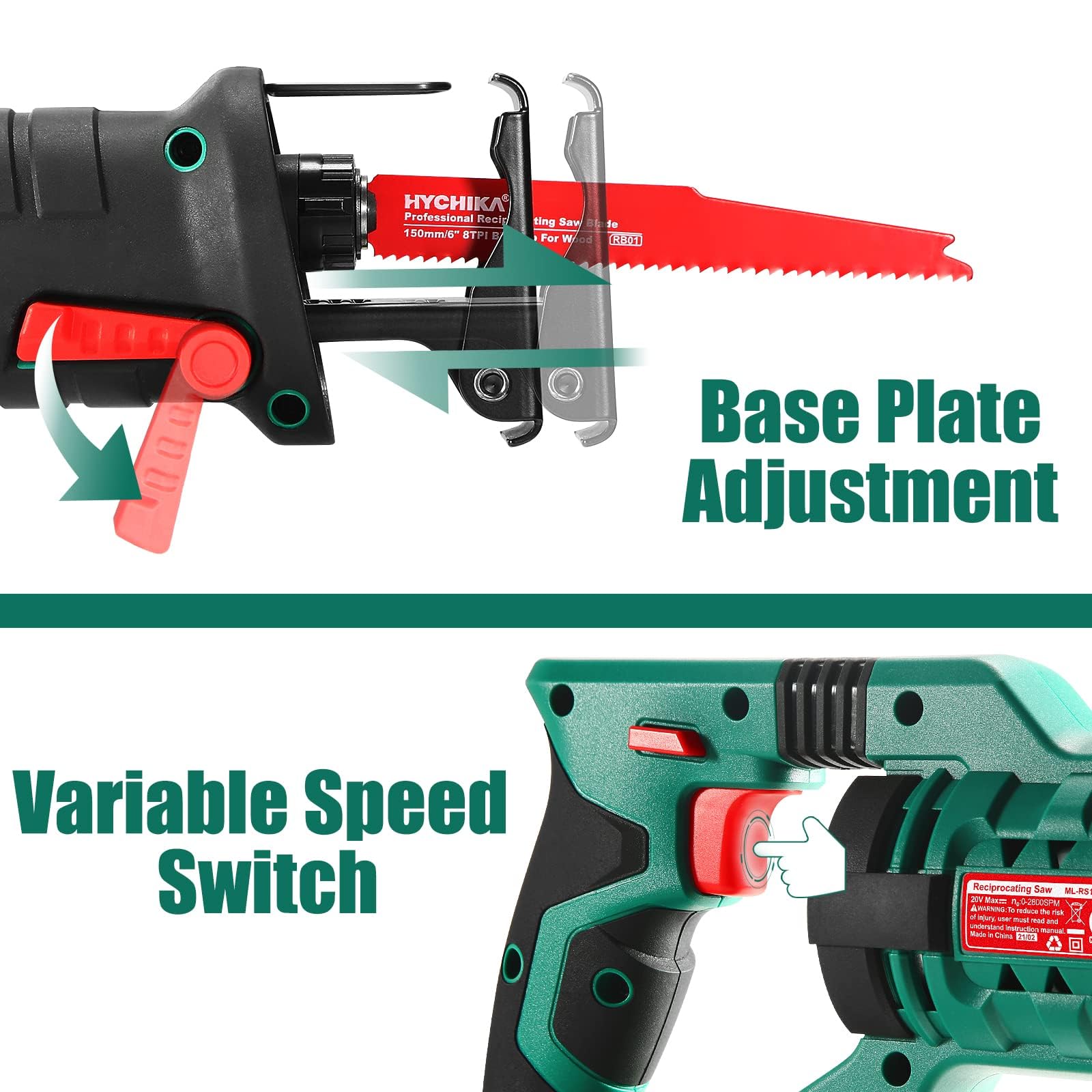 HYCHIKA Reciprocating Saw, 18V MAX Cordless Power Saw with 2.0Ah Battery, 2800SPM,7/8" Stroke Length, Variable Speed, Tool-Free Blade Change, 4 Saw Blades for Wood & Metal Cutting