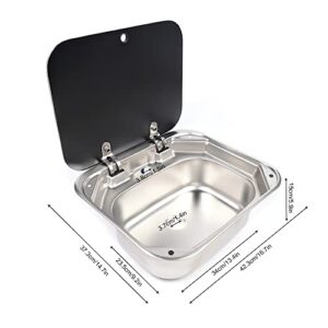 Outdoor RV Caravan Basin Sink,Stainless Steel Boat RV Caravan Camper Kitchen Basin Single Bowl Sink Hand Wash Cold and Hot Faucet Glass Lid for Camper Boating 16.53 x 14.56x 6.3inch (Rectangular Sink)