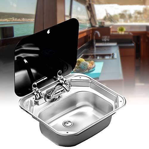 Outdoor RV Caravan Basin Sink,Stainless Steel Boat RV Caravan Camper Kitchen Basin Single Bowl Sink Hand Wash Cold and Hot Faucet Glass Lid for Camper Boating 16.53 x 14.56x 6.3inch (Rectangular Sink)