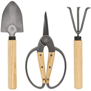 n&v bonsai scissors set, 3 pcs set including bonsai scissors, mini rake and mini shovel, for arranging flowers, trimming plants, for grow room or gardening, bonsai tools.